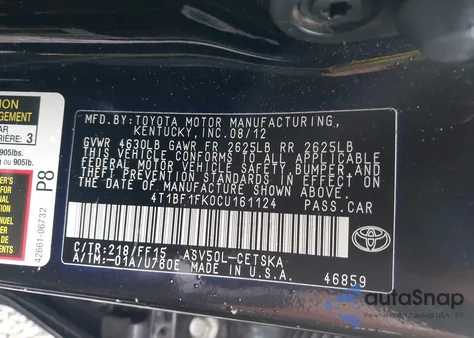 2012 Toyota Camry Se Limited Edition z USA, uszkodzony, nr VIN 4T1BF1FK0CU161124